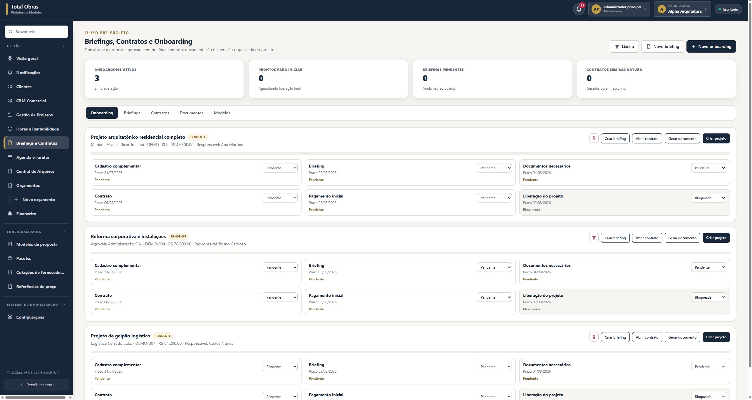 Tela de Briefings, Contratos e Onboarding do Total Obras